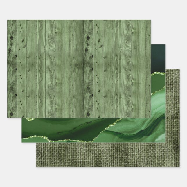 Olive Green Faux Wood Wrapping Paper Sheet (Set)