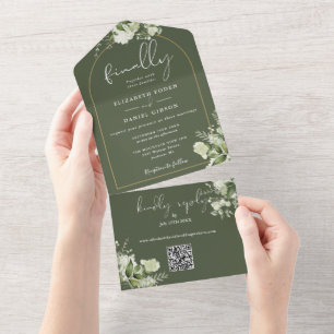 Olive Green Finally Arch Greenery QR Code Wedding All In One Invitation