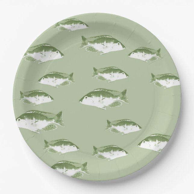 Olive green fish paper plate (Front)