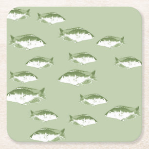 Olive green fish square paper coaster