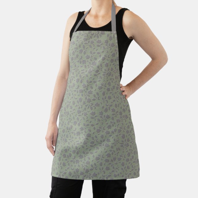 Olive Green Floral All-Over Print Apron (Insitu)