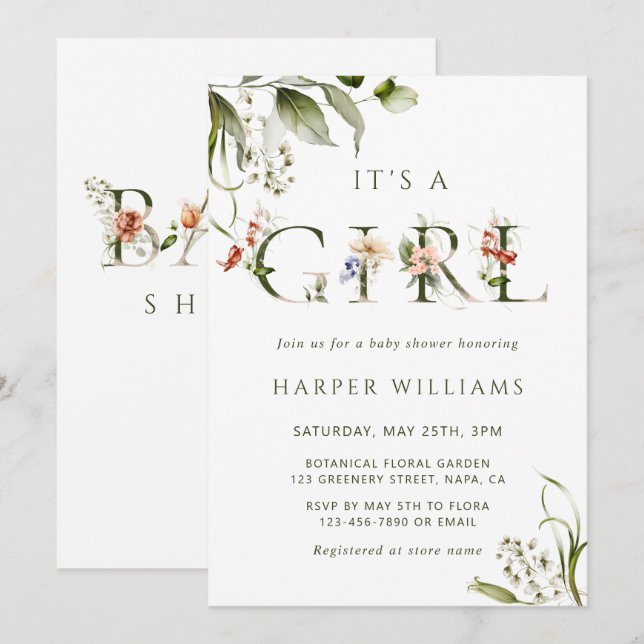Olive Green Floral Botanical Letter Baby Shower  Invitation (Front/Back)