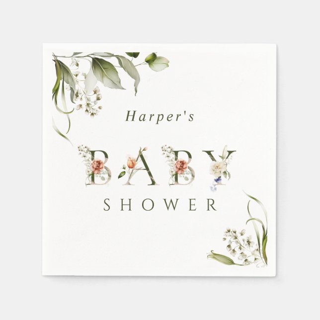Olive Green Floral Botanical Letter Baby Shower  Napkin (Front)