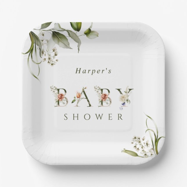 Olive Green Floral Botanical Letter Baby Shower  Paper Plate (Front)