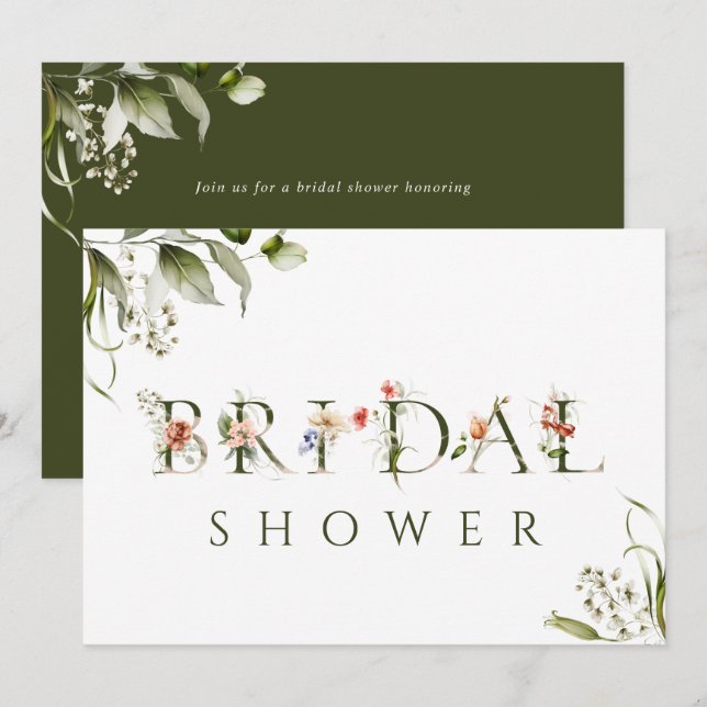 Olive Green Floral Botanical Letter Bridal Shower Invitation (Front/Back)