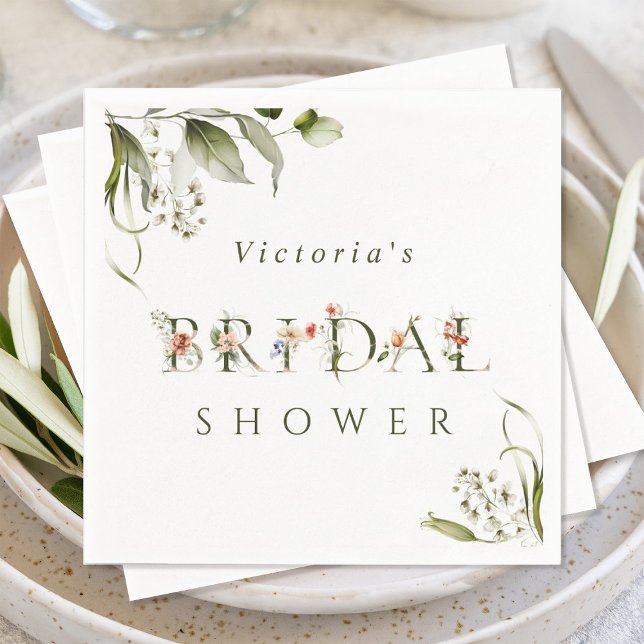 Olive Green Floral Botanical Letter Bridal Shower Napkin (Creator Uploaded)