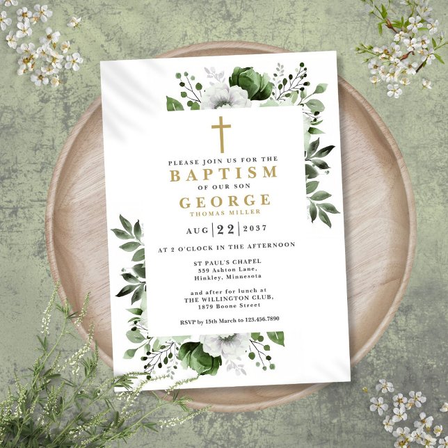 Olive Green Floral Botanical Modern Baptism Invitation (Olive Green Floral Botanical Modern Baptism Invitation)