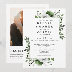 Olive Green Floral Bridal Shower Photo QR Code Invitation