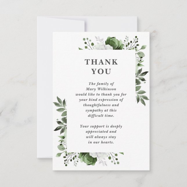 Olive Green Floral Celebration Of Life Funeral Thank You Card (Front)