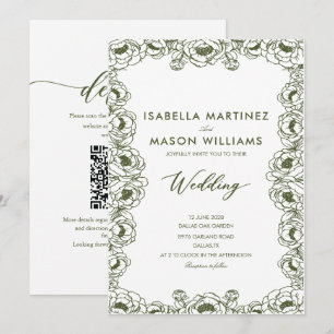 olive green floral chinoiserie garden wedding invitation