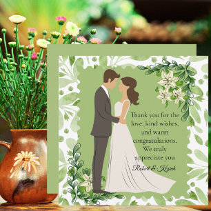 Olive Green Floral Engagement   Square Boho Photo  Thank You Card