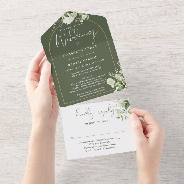 Olive Green Floral Gold Arch Details RSVP Wedding All In One Invitation (Tearaway)