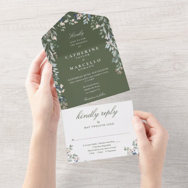 Olive Green Floral Greenery Cascade Wedding All In One Invitation (Tearaway)