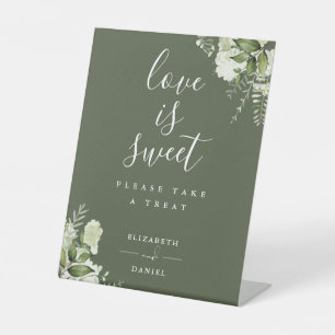Olive Green Floral Greenery Love Is Sweet Favor Pedestal Sign