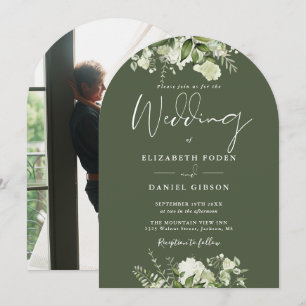 Olive Green Floral Greenery Photo Wedding Arch Invitation
