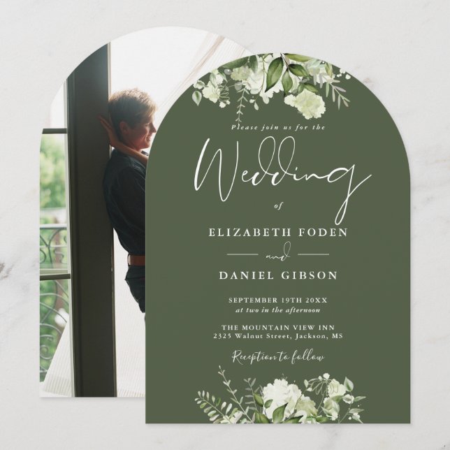Olive Green Floral Greenery Photo Wedding Arch Invitation (Front/Back)