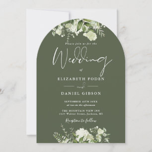 Olive Green Floral Greenery QR Code Wedding Arch Invitation