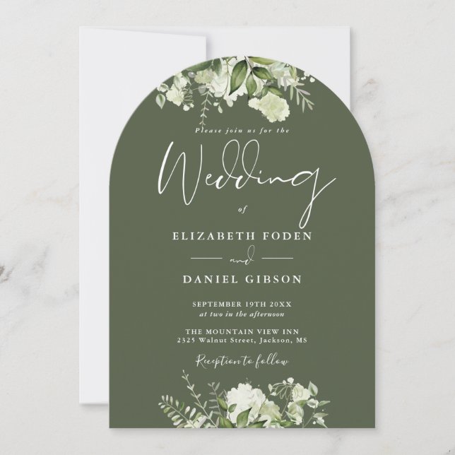 Olive Green Floral Greenery QR Code Wedding Arch Invitation (Front)
