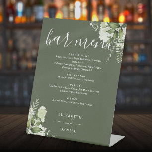 Olive Green Floral Greenery Wedding Bar Menu Pedestal Sign