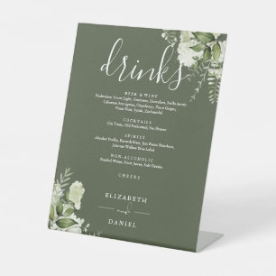 Olive Green Floral Greenery Wedding Drinks Menu Pedestal Sign
