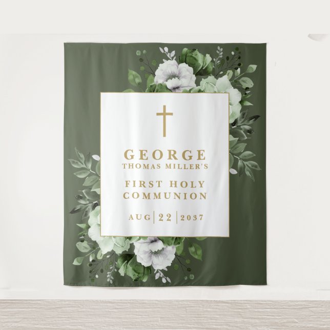 Olive Green Floral Holy Communion Photo Backdrop Tapestry (Front)