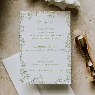Olive Green Floral Line Art Wedding Details Enclosure Card