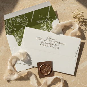Olive Green Floral Liner and Neutral Text Wedding Envelope