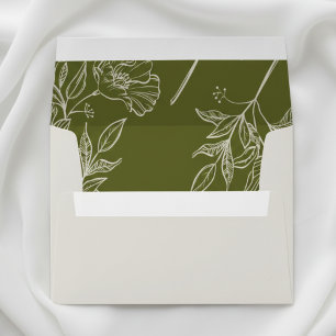 Olive Green Floral Liner and Neutral Text Wedding Envelope