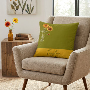 Olive Green Floral Minimal Trendy Stylish Cushion