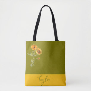 Olive Green Floral Minimal Trendy Stylish Tote Bag