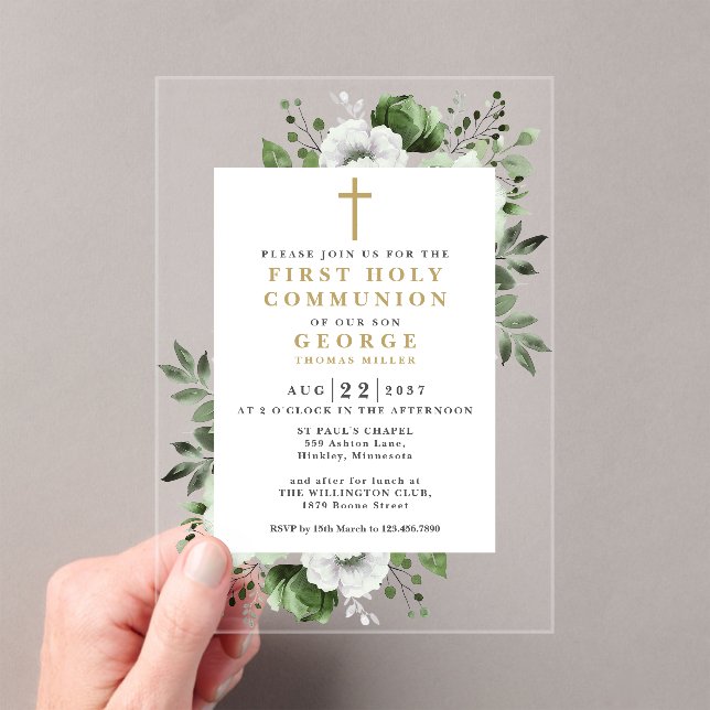 Olive Green Floral Modern First Holy Communion Acrylic Invitations (Insitu (Handheld))