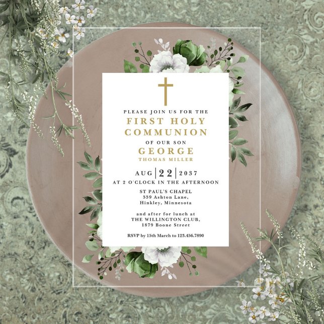 Olive Green Floral Modern First Holy Communion Acrylic Invitations (Olive Green Floral Modern First Holy Communion Acrylic Invitations)