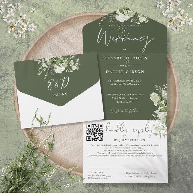 Olive Green Floral Monogram QR Code Wedding All In One Invitation (Olive Green Floral Monogram QR Code Wedding All In One Invitation)