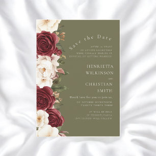 Olive Green Floral Save the Date Burgundy Roses Invitation