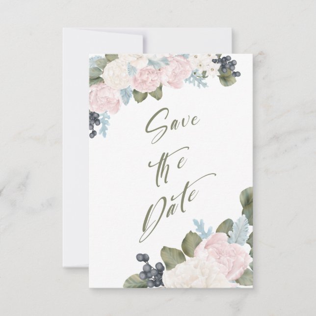 Olive Green Floral Save the Date Non Photo (Front)