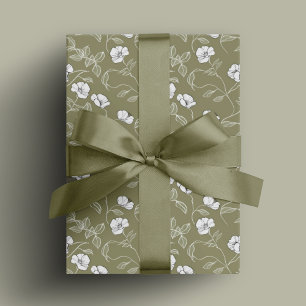 Olive green Floral Simple Line art  White Flower Wrapping Paper