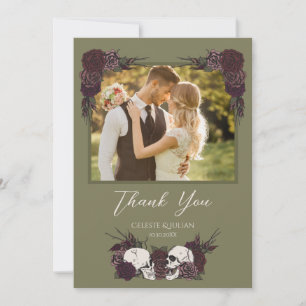 Olive Green Floral Skull Photo Thank You Card