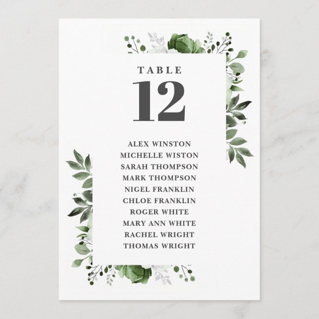 Olive Green Floral Table Number Seating Chart (Front)