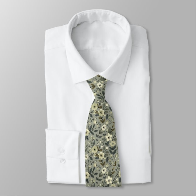 Olive Green Floral  Tie (Tied)
