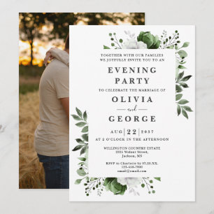 Olive Green Floral Wedding Evening Party Photo Invitation