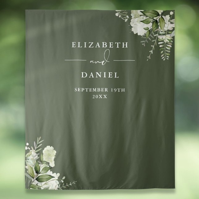 Olive Green Floral Wedding Photo Booth Backdrop Tapestry (Olive Green Floral Wedding Photo Booth Backdrop)