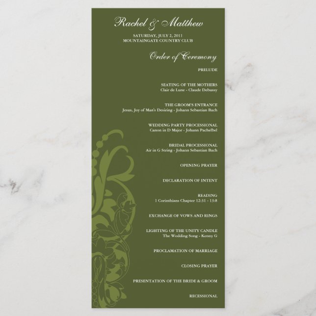 Olive Green Floral Wedding Program Programme (Front)