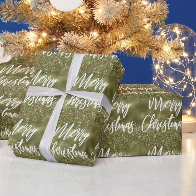 Olive Green Foil Glitter Merry Christmas Script Wrapping Paper (Holidays)
