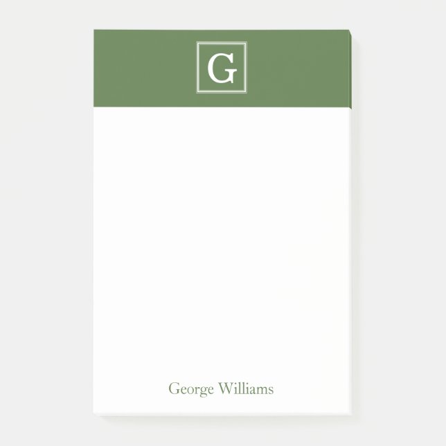 Olive Green Framed Monogram Personalised Post-it Notes (Front)