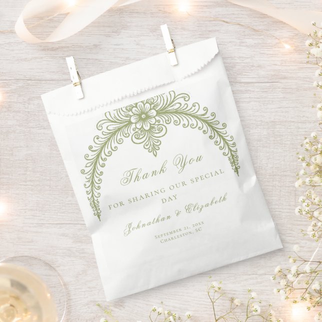 Olive Green French Flourish Arch Wedding Favour Bags (Clipped)