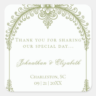 Olive Green French Flourish Arch Wedding Favour Square Sticker