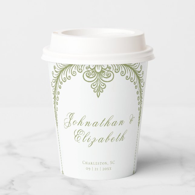Olive Green French Flourish Arch Wedding Paper Cups (Back)