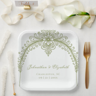 Olive Green French Flourish Arch Wedding Paper Plate