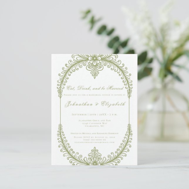 Olive Green French Flourish Frame Rehearsal Dinner Invitation (Standing Front)