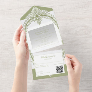 Olive Green French Flourish Frame Wedding All In One Invitation